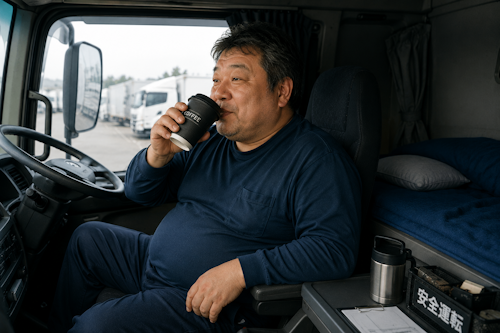 眠気対策としてコーヒーを飲むトラック運転手のイメージ