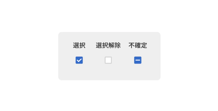 チェックボックスのUIパーツが選択、選択解除、不確定の状態を示した画像