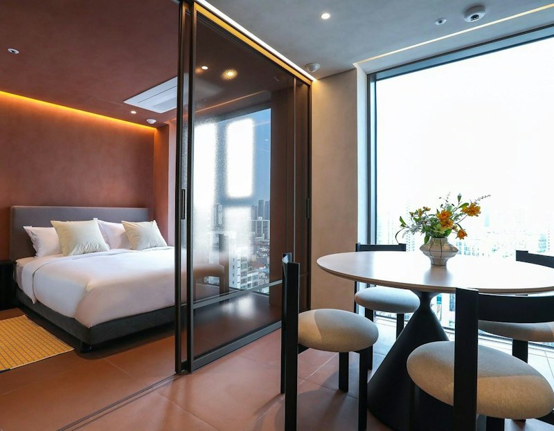 ASTY Cabin Seoul Serviced Residence フルオプション客室のキッチンと家電