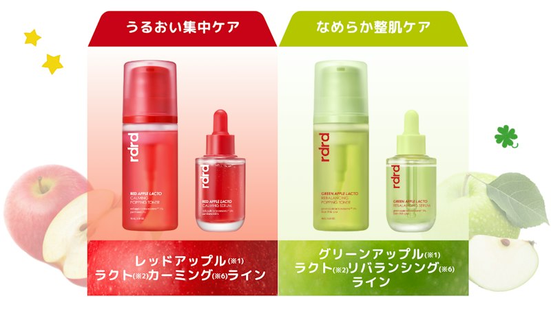 rdrd(アールディーアールディー) アップルラクトシリーズ(うるおい集中ケア(レッド)となめらか整肌ケア(グリーン)の2ライン紹介)