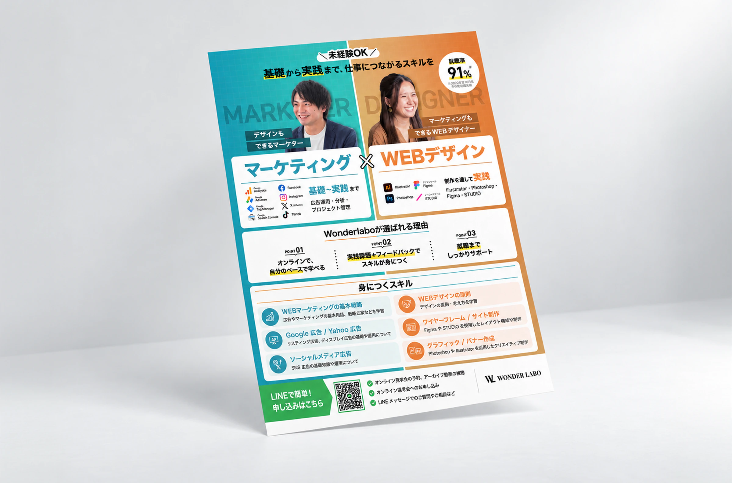 マーケティングとWebデザイン。2つの学びの魅力を視覚的に伝えるチラシへ。