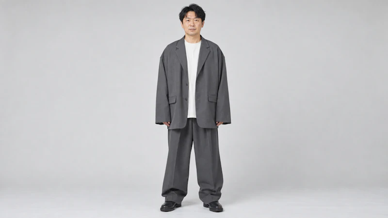 大きいサイズで全身を覆うと輪郭ごと大きく見えてしまう例