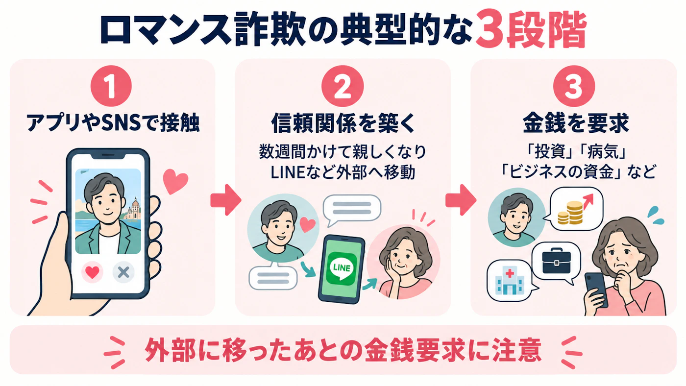 ロマンス詐欺の典型的な3段階。アプリやSNSでの接触、信頼関係の構築と外部への移動、金銭の要求