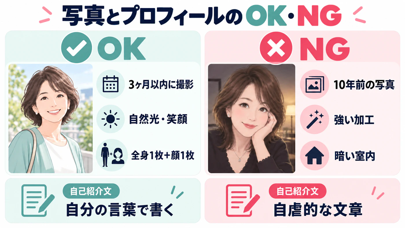 マッチングアプリのプロフィール写真と自己紹介文のOK例とNG例の比較