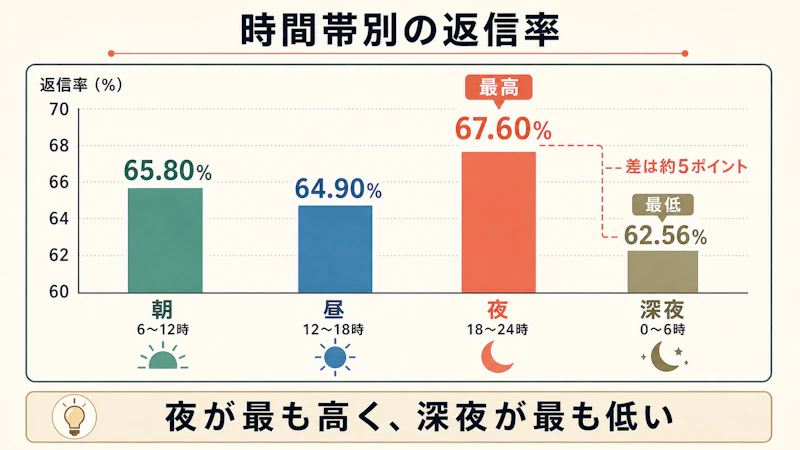 時間帯別の返信率を示した棒グラフ。縦軸は返信率60〜70%。夜（18〜24時）が67.60%で最も高く、次いで朝（6〜12時）が65.80%、昼（12〜18時）が64.90%、深夜（0〜6時）が62.56%で最も低い。最高と最低の差は約5ポイント。