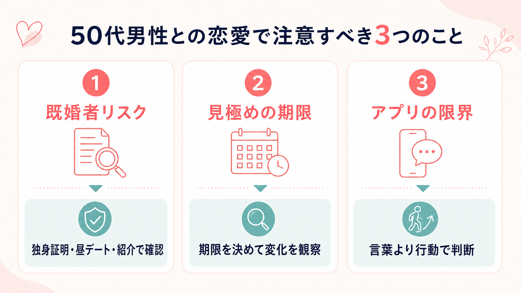 50代男性との恋愛で注意すべき3つのことと対策。既婚者リスクは独身証明・昼デート・紹介で確認、見極めの期限は期限を決めて変化を観察、アプリの限界は言葉より行動で判断