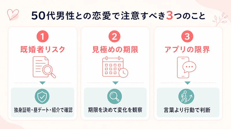 50代男性との恋愛で注意すべき3つのことと対策。既婚者リスクは独身証明・昼デート・紹介で確認、見極めの期限は期限を決めて変化を観察、アプリの限界は言葉より行動で判断