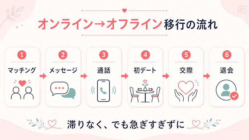 オンラインからオフラインへ移行する流れ。マッチング、メッセージ、通話、初デート、交際、退会の6ステップ