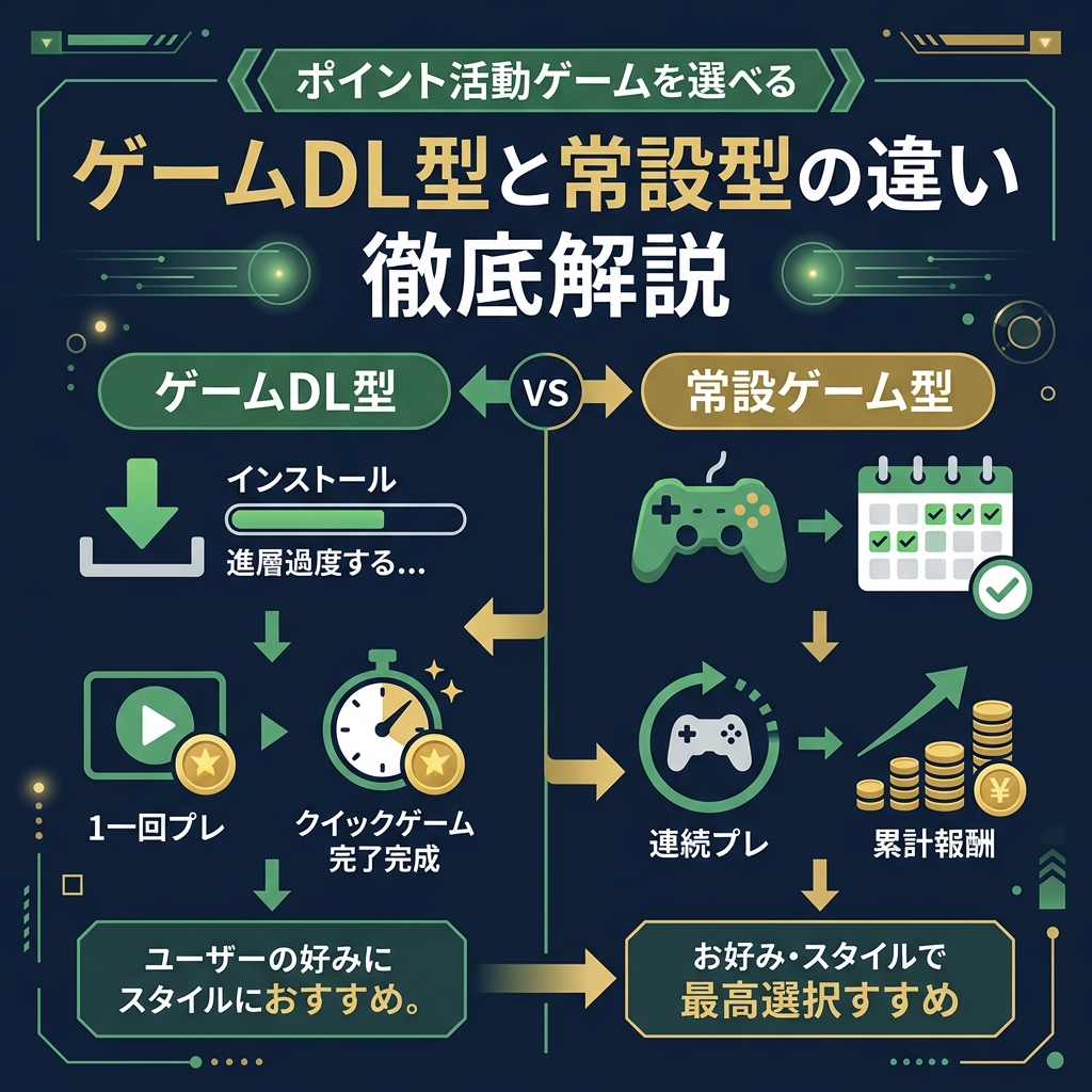 【比較表】ゲームDL型 vs 常設ゲーム型ポイ活｜あなたに合うのはどっち？