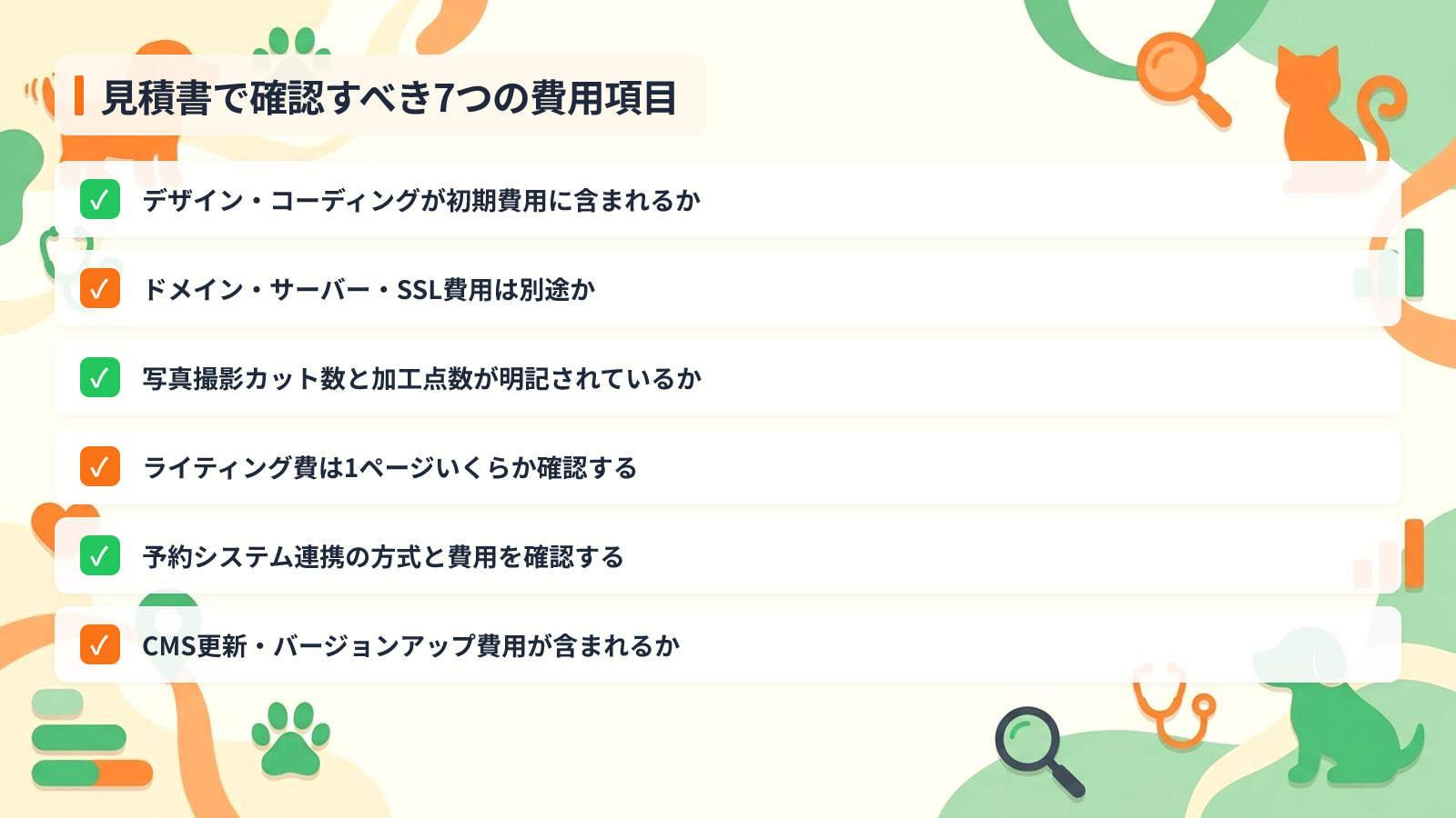 見積書で必ず確認すべき7つの費用項目を示す図解(見積書で確認すべき7つの費用項目)