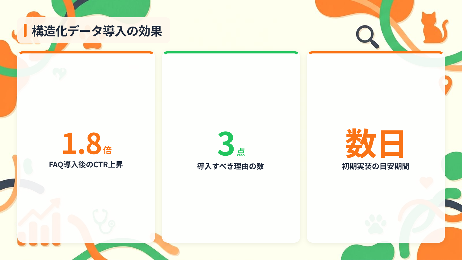 動物病院が構造化データを導入すべき3つの理由を示す図解（構造化データ導入の効果）