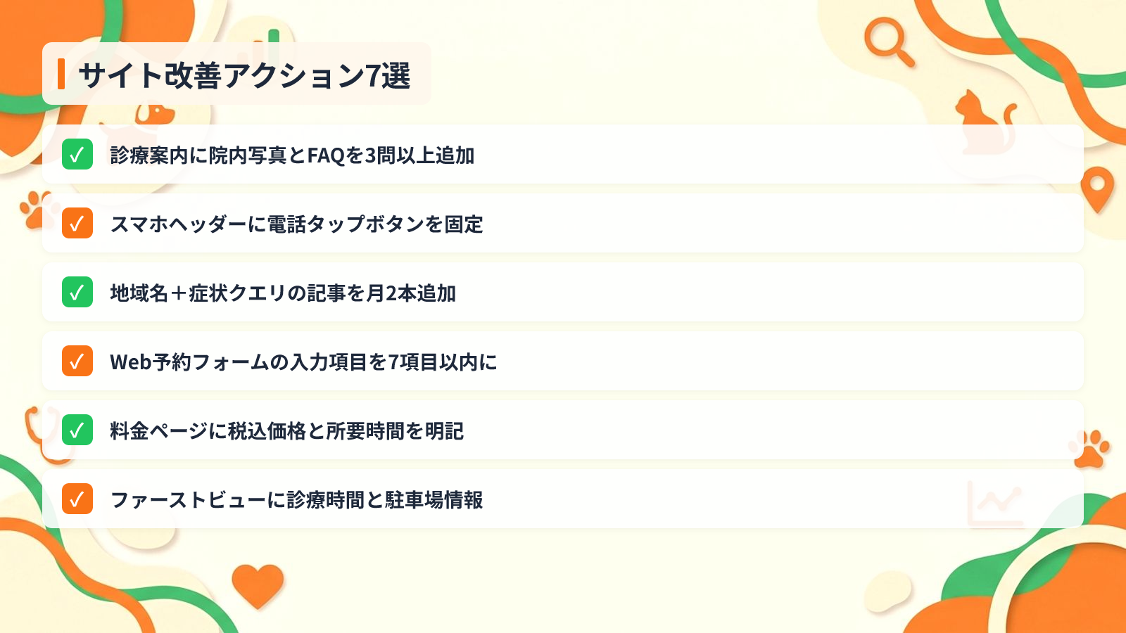 指標から導く具体的な改善アクション7選を示す図解（サイト改善アクション7選）