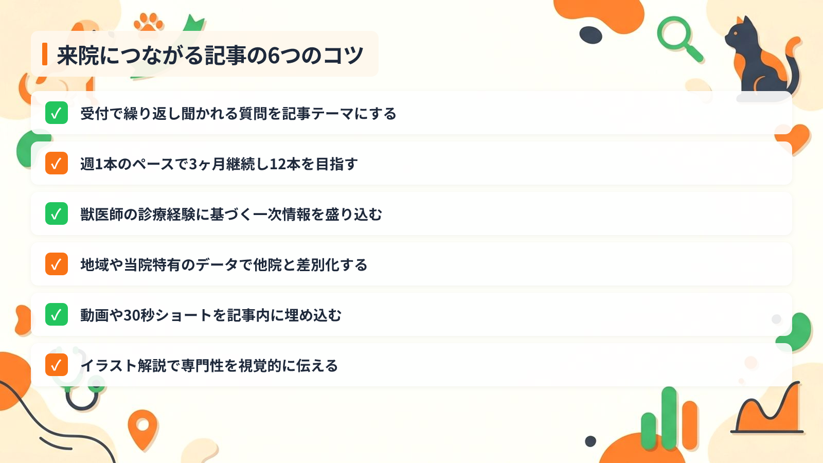 来院につながるコンテンツ記事の作り方6つのコツを示す図解（来院につながる記事の6つのコツ）