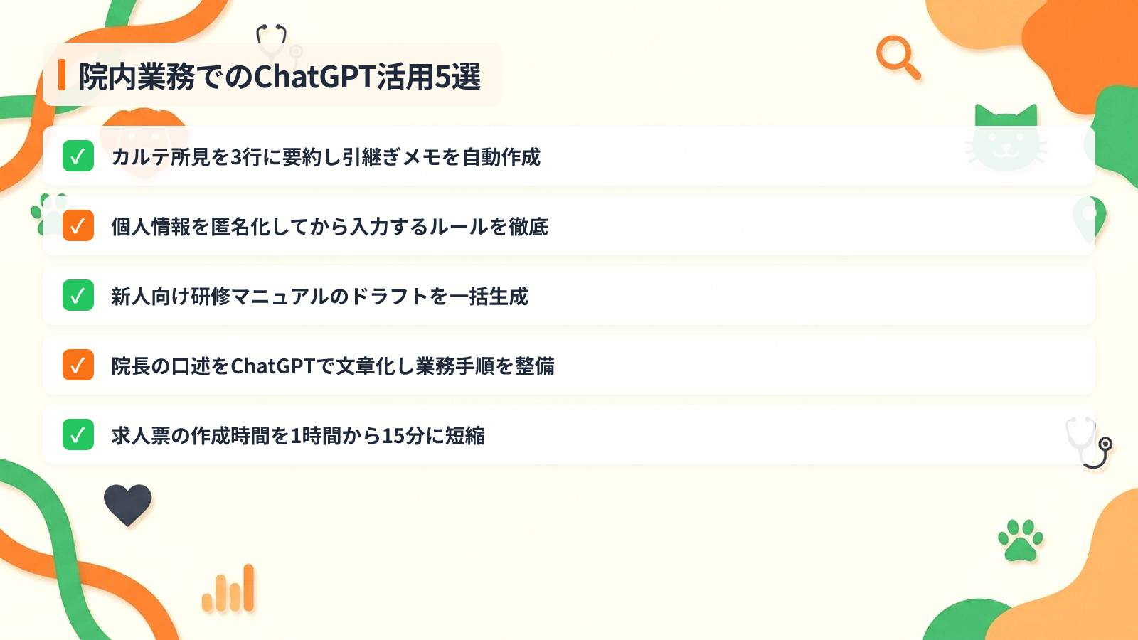 院内業務を時短するChatGPT活用アイデア5選を示す図解（院内業務でのChatGPT活用5選）