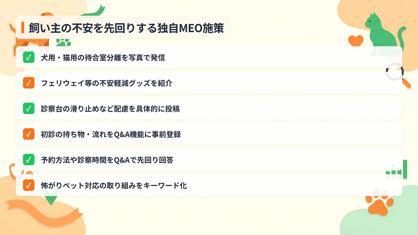 競合と差をつける動物病院ならではの独自MEO戦略を示す図解（飼い主の不安を先回りする独自MEO施策）