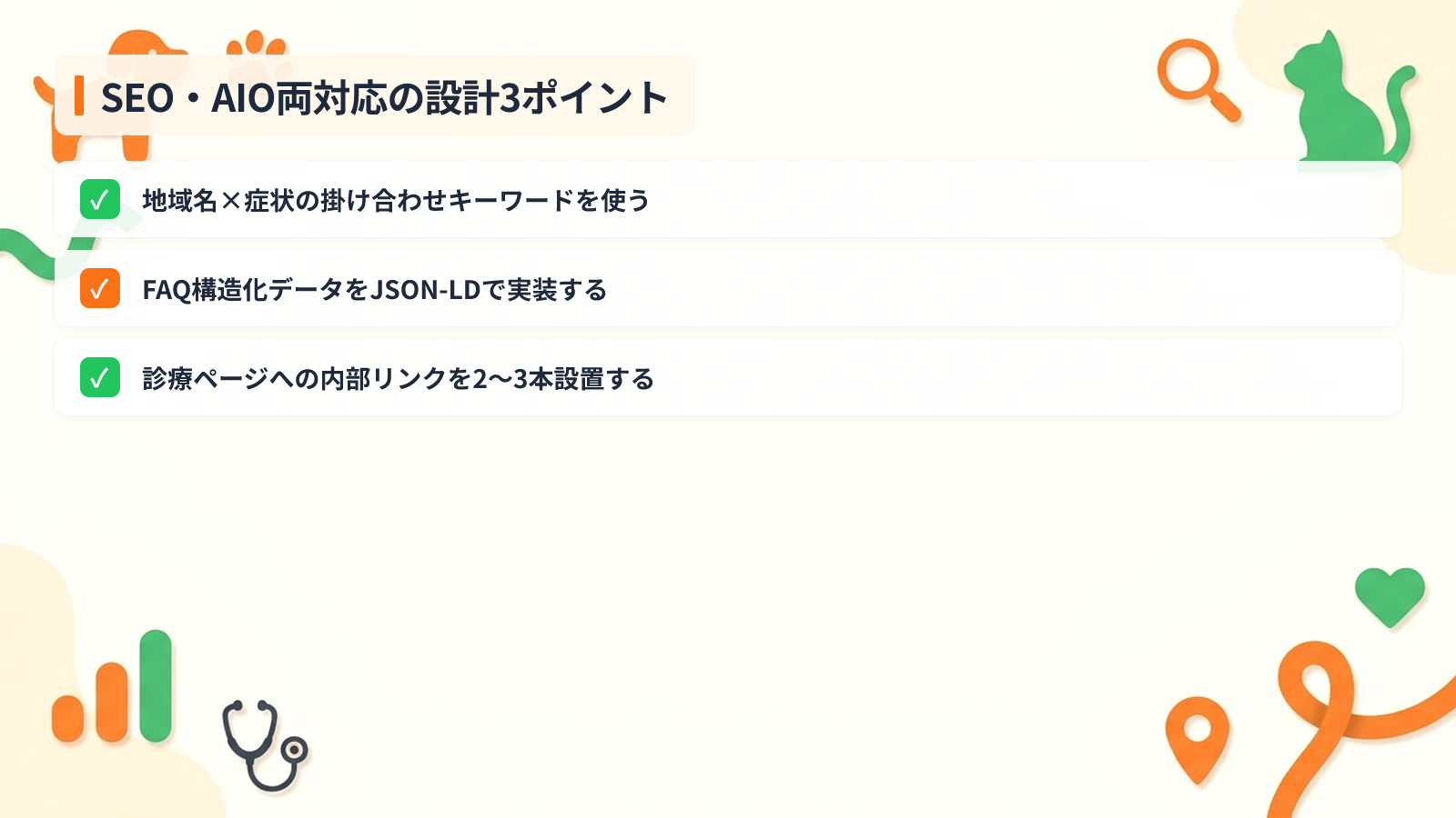 SEOとAIO両対応で検索流入を伸ばす設計ポイントを示す図解（SEO・AIO両対応の設計3ポイント）