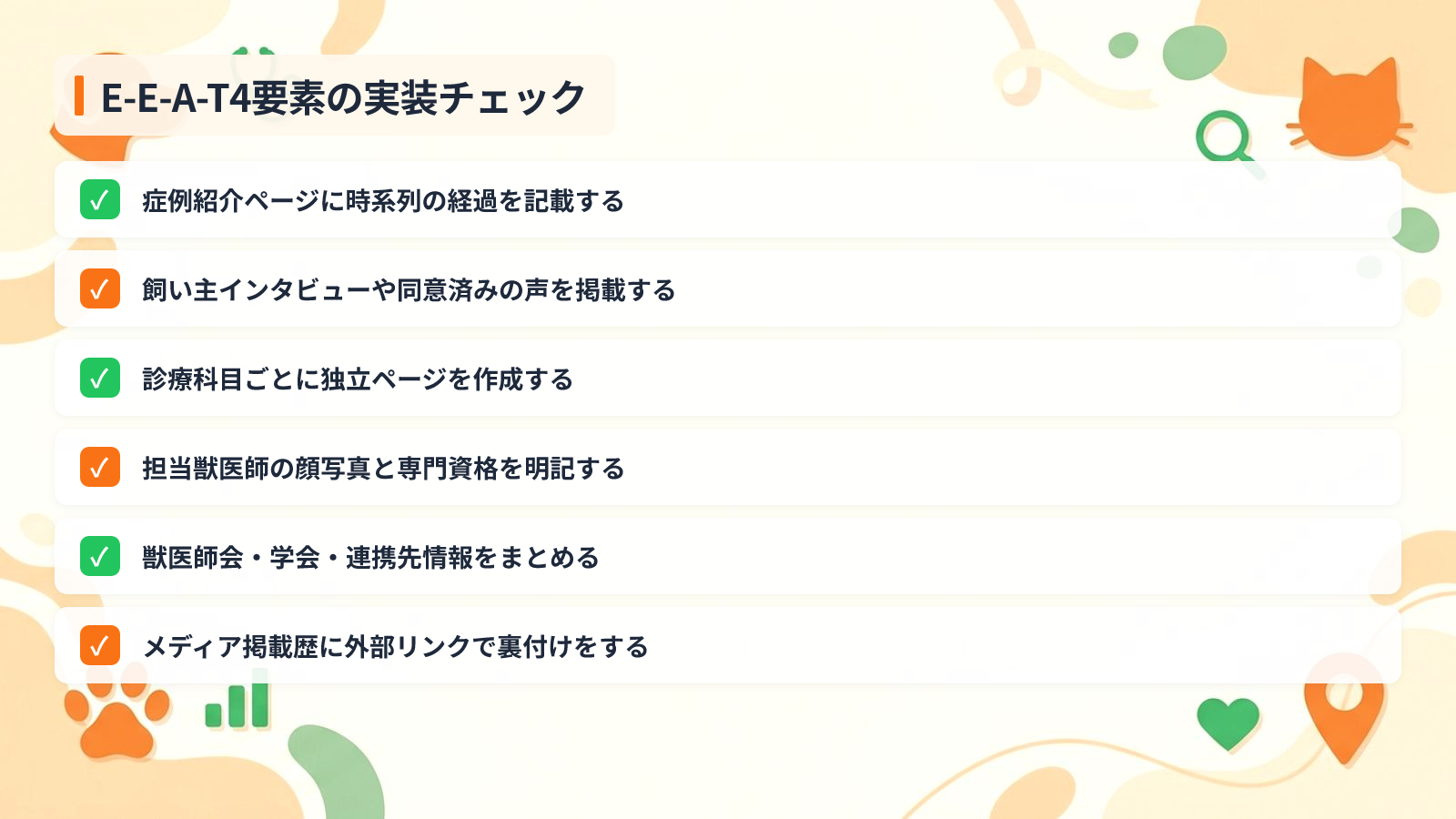 E-E-A-Tの4要素を動物病院サイトに落とし込む基本設計を示す図解(E-E-A-T4要素の実装チェック)
