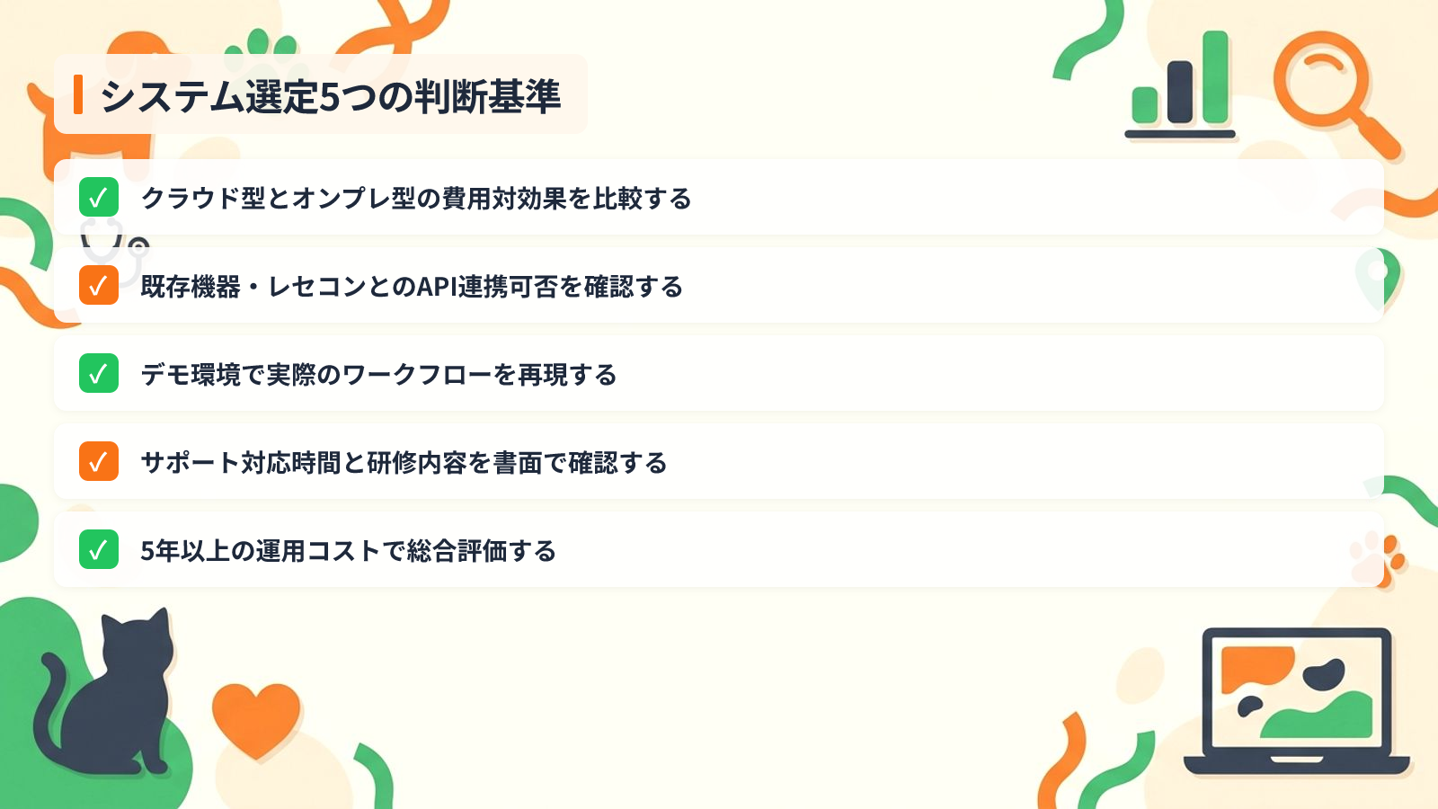 電子カルテと予約システムの選定で失敗しない5つの判断基準を示す図解（システム選定5つの判断基準）