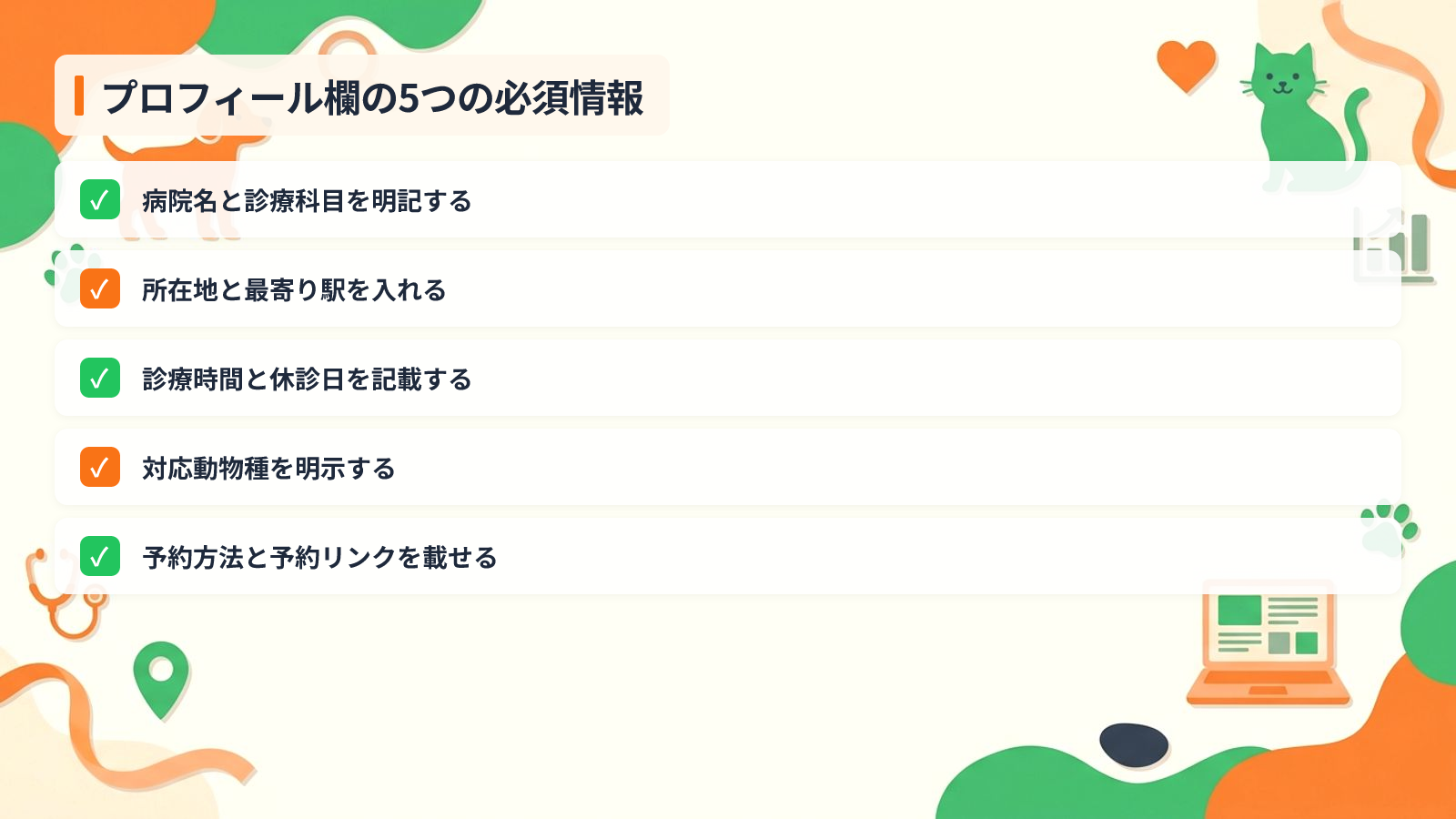 来院につながるアカウント設計で押さえる5つの基本を示す図解(プロフィール欄の5つの必須情報)