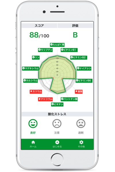 初回の検査結果。葉酸とカリウムが大幅に不足していた。※リニューアル後のマイページ総合結果画面