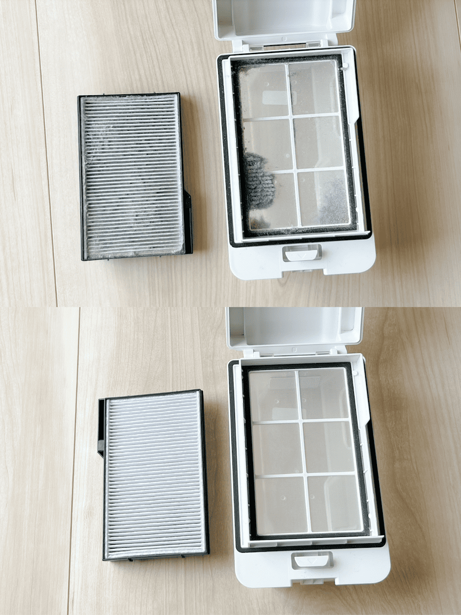 購入から1ヶ月後のダスト容器とフィルターのビフォーアフター