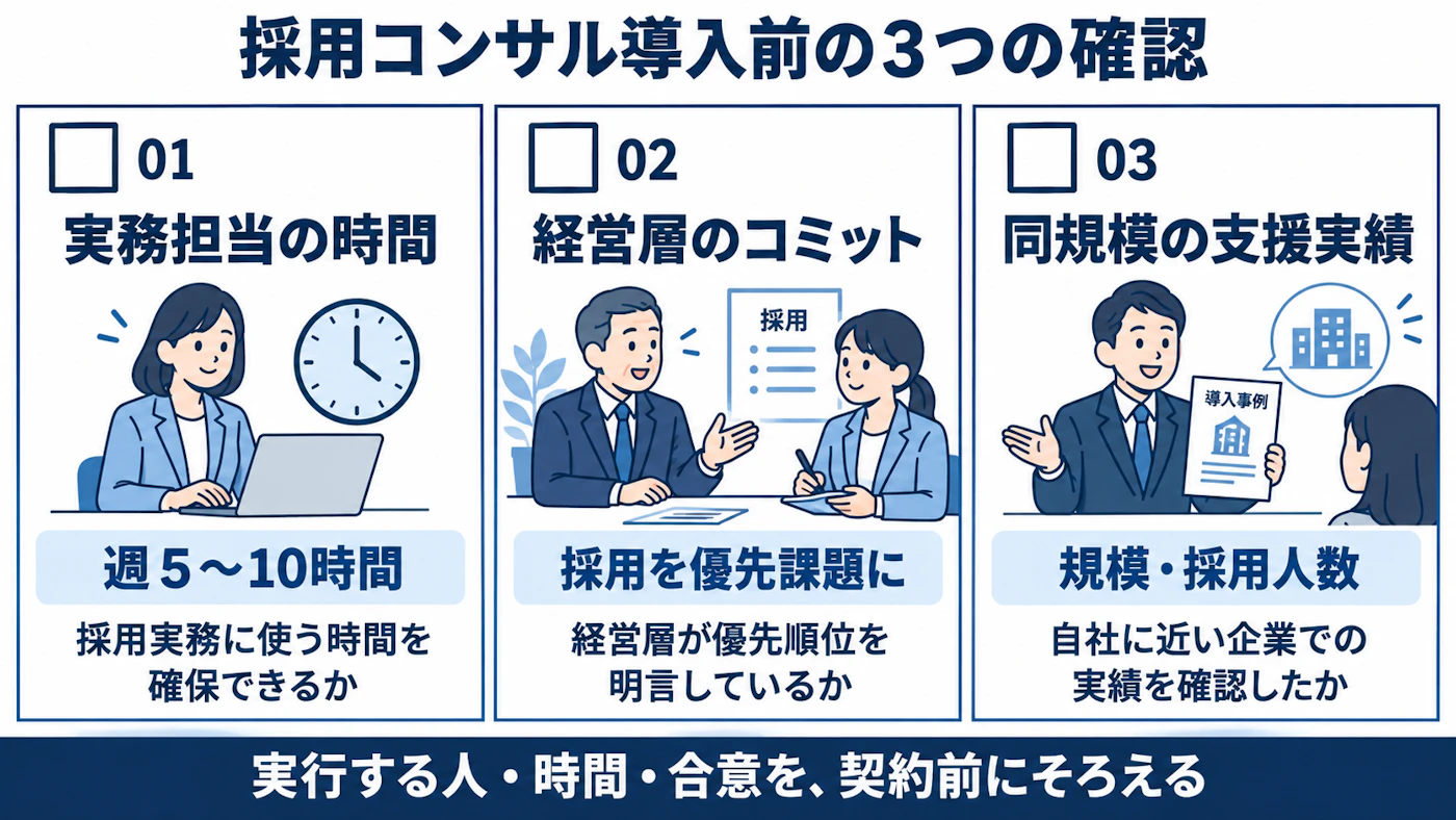 採用コンサル導入前に時間・経営層の合意・同規模実績を確認するチェックシート