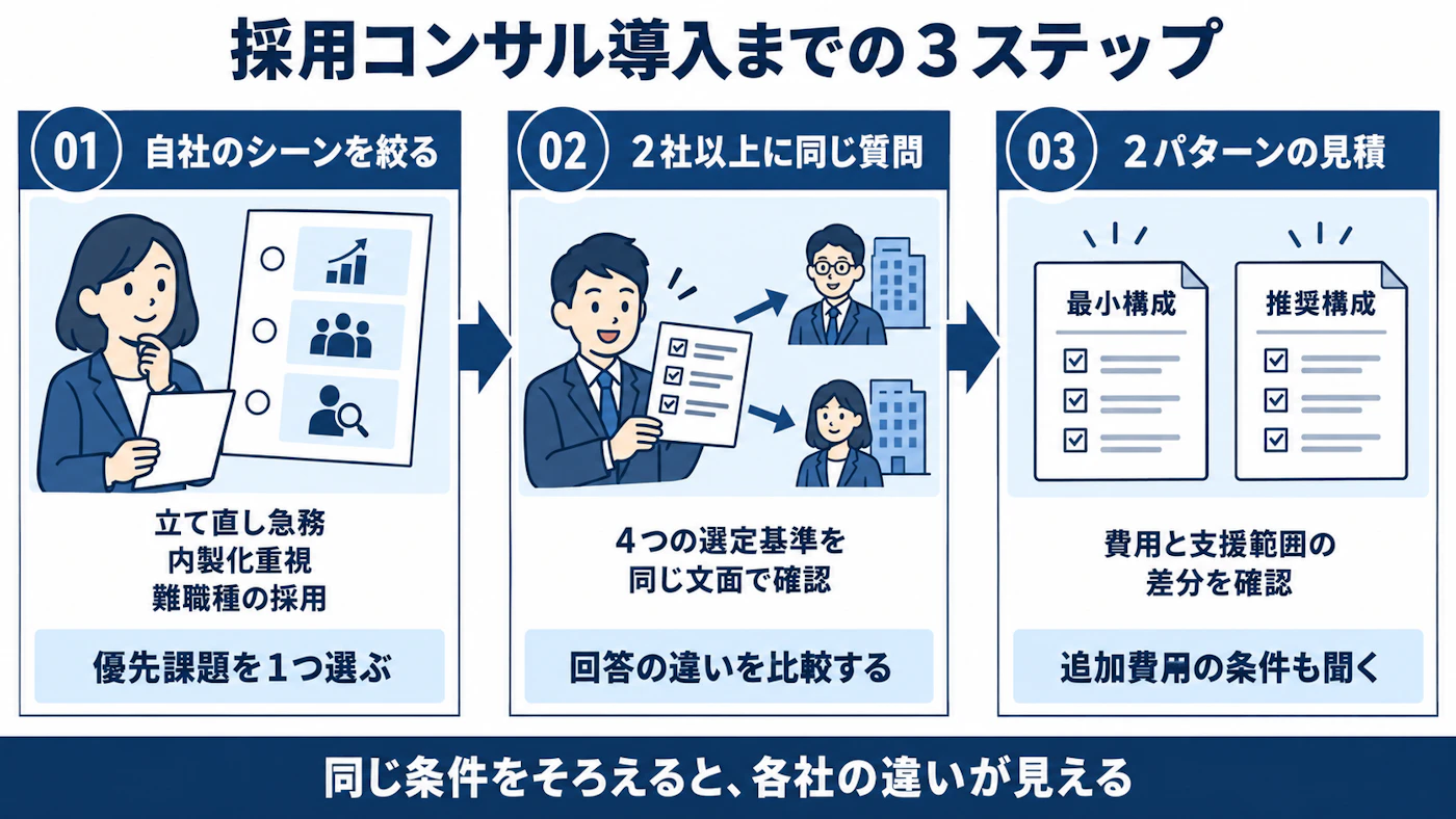 自社のシーン特定、2社以上への同一質問、2パターンの見積取得という導入の3ステップ