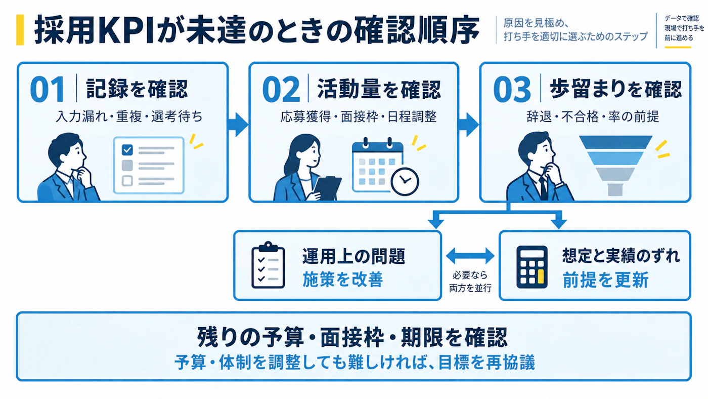 記録・活動量・歩留まりの順に確認し、運用上の問題は施策を改善、想定と実績のずれは前提を更新する。予算・体制を調整しても難しければ目標を再協議する