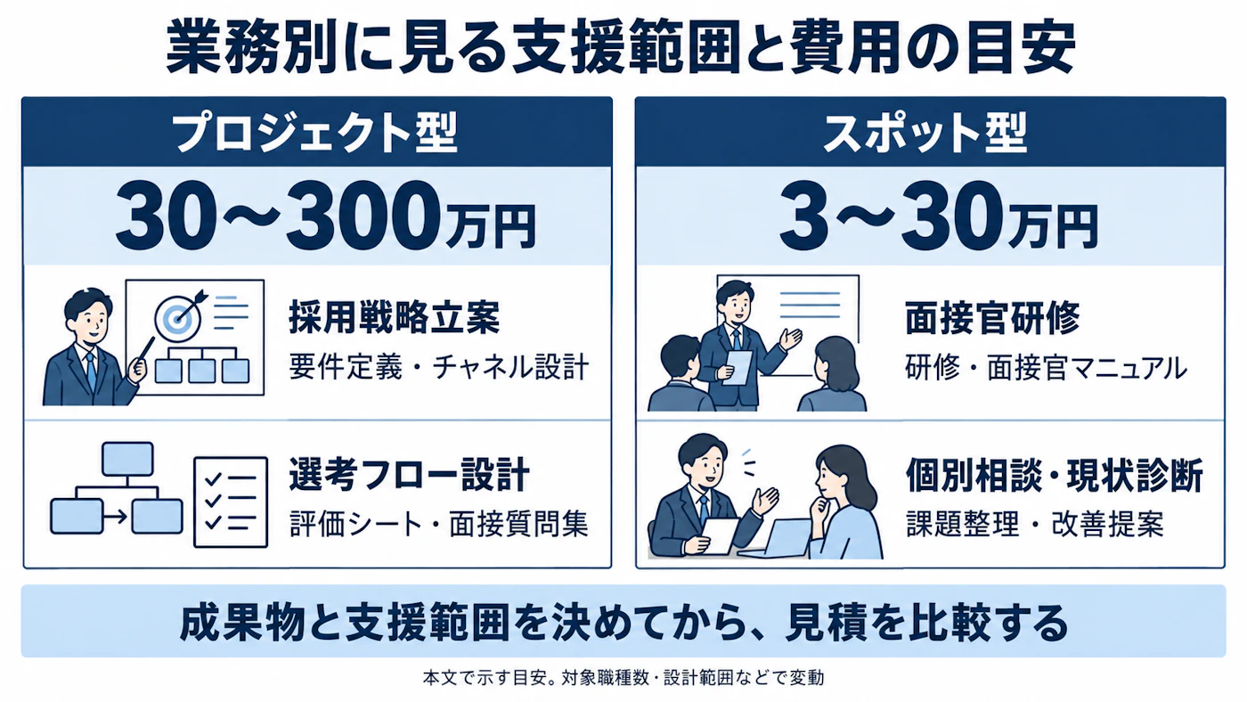 戦略立案・選考設計のプロジェクト型と、面接官研修・相談のスポット型の費用目安と成果物