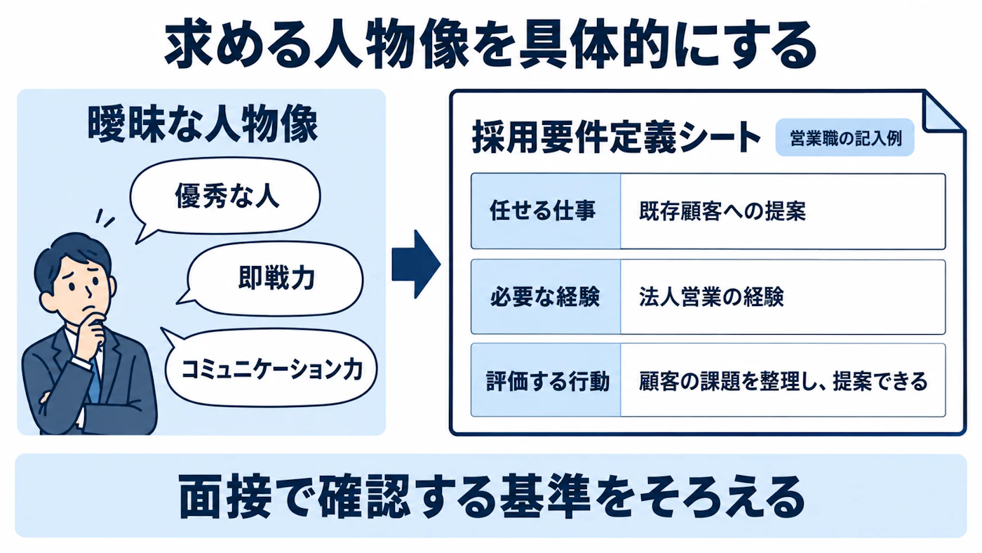 曖昧な人物像を、仕事内容・必要な経験・評価する行動に具体化する比較図