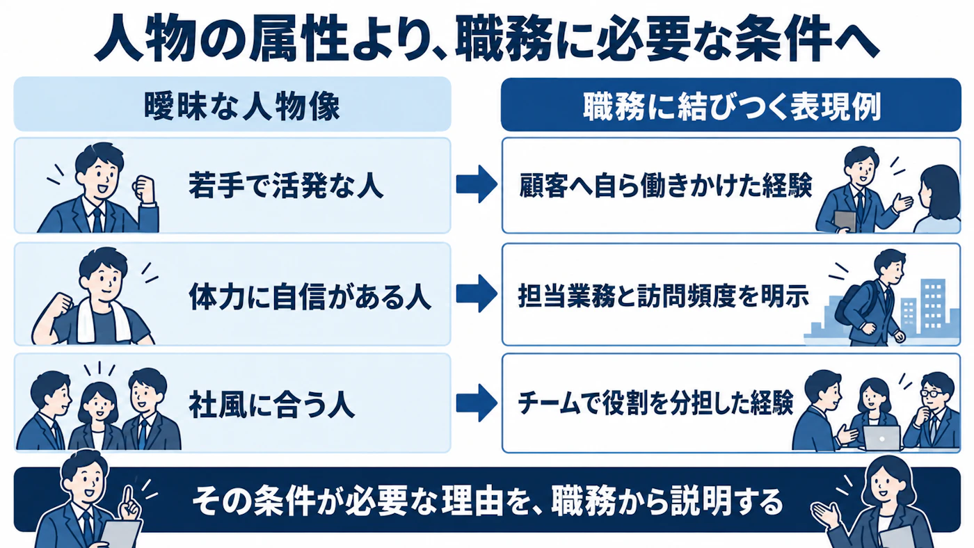 人物属性から職務に必要な条件へ書き換え