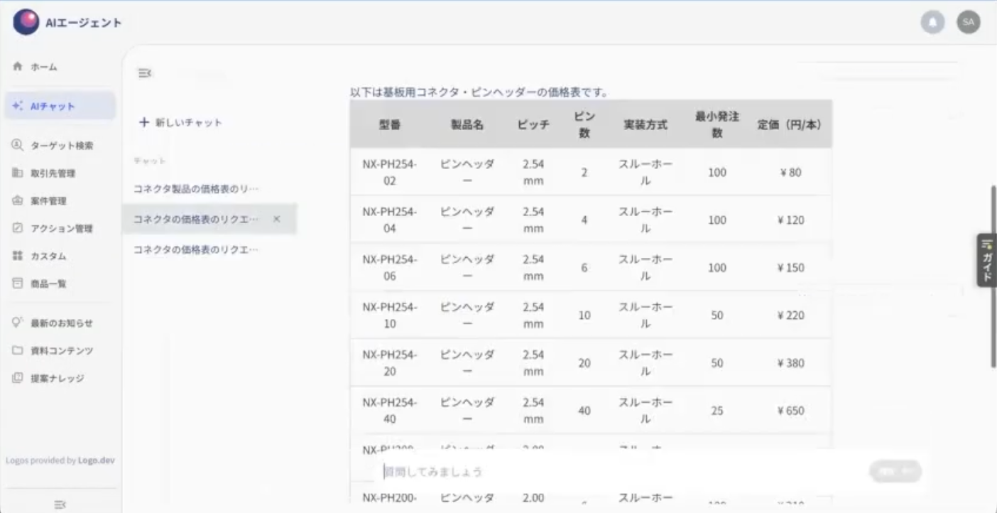 販売代理店向けAIチャットの画面。担当者は、AIに質問することで様々な情報を取得することが可能。（画像：同社提供）