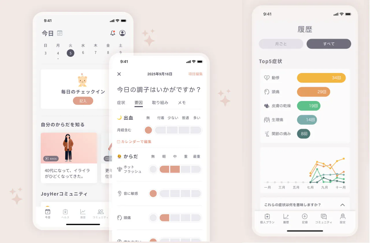 JoyHer のUI: 画面上で症状の有無や重さ、薬の服用記録などを入力し、ログを取ることができる