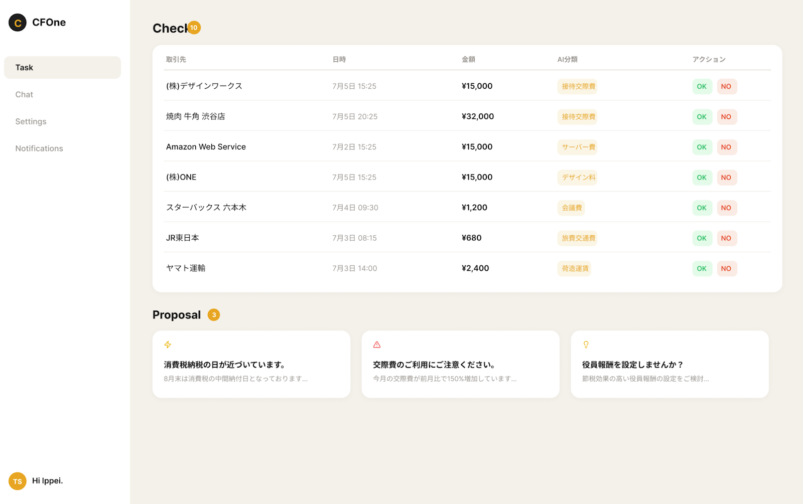 CFOneのUI。AIが業務を処理し、利用者や税理士はそれを承認する仕組み。（画像：同社提供）