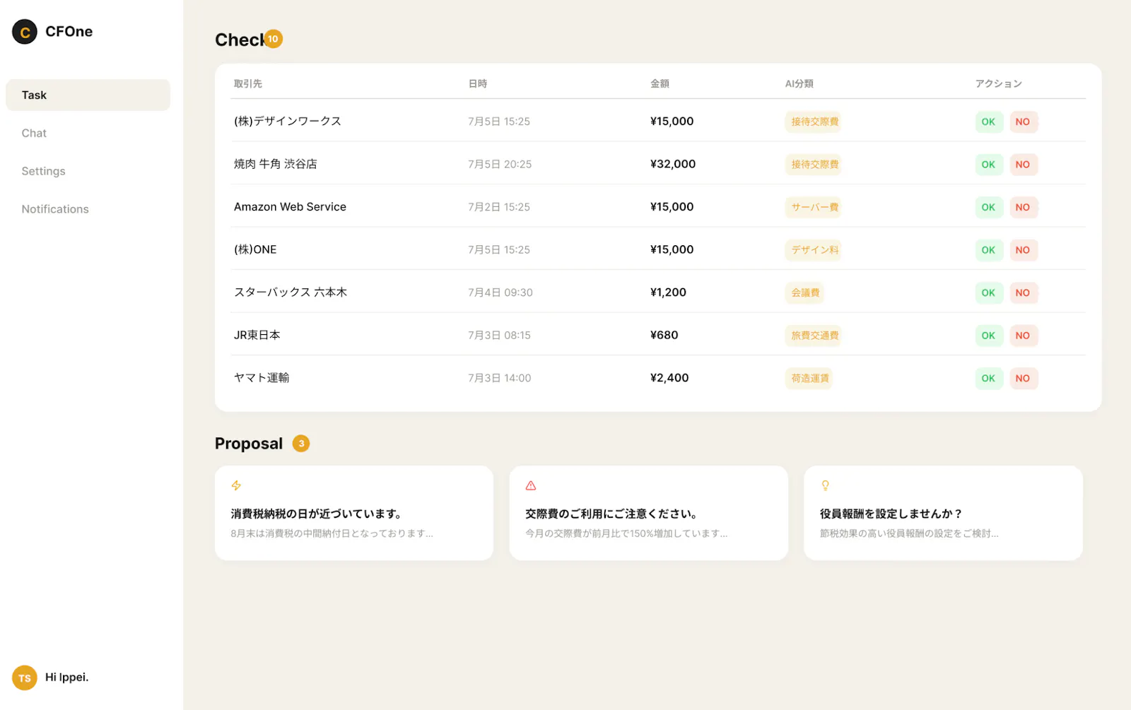 CFOneのUI。AIが業務を処理し、利用者や税理士はそれを承認する仕組み。(画像:同社提供)