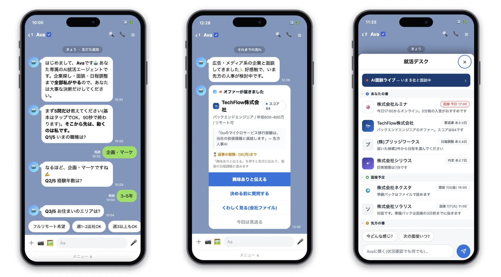 候補者側はLINE上で希望の条件を登録したり、AIによる面談状況などを管理したりできる（画像：NexusAdvisorsプレスリリースより）