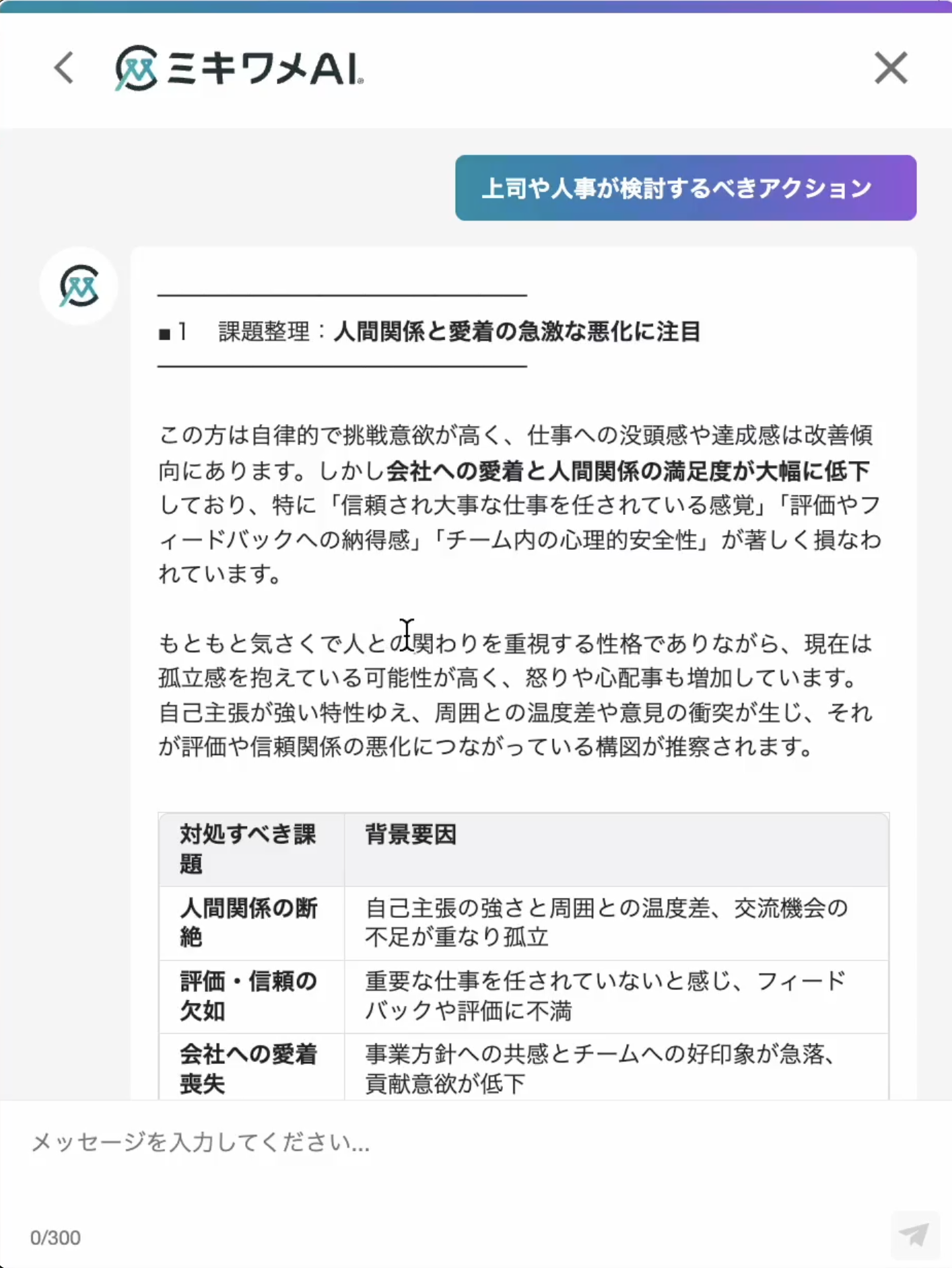 ミキワメAI ウェルビーイングサーベイのUI。ケアする優先度順に社員を表示するほか、チャット形式でサーベイの回答を踏まえた推奨アクション等を示す。経営層用のレポートを自動作成することも可能だという。