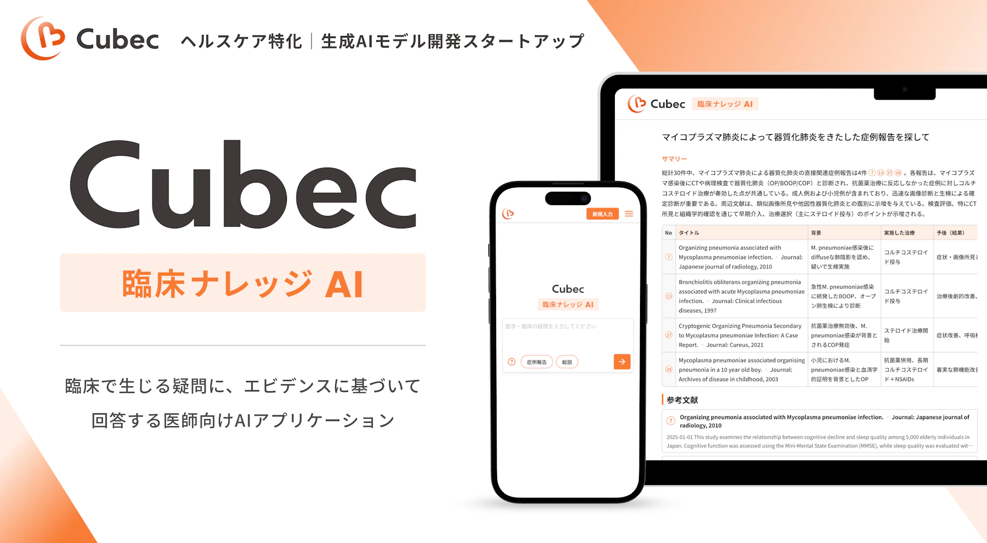 医師の疑問に応える臨床ナレッジAI「Cubec」提供開始、総額8000万円の資金調達を実施
