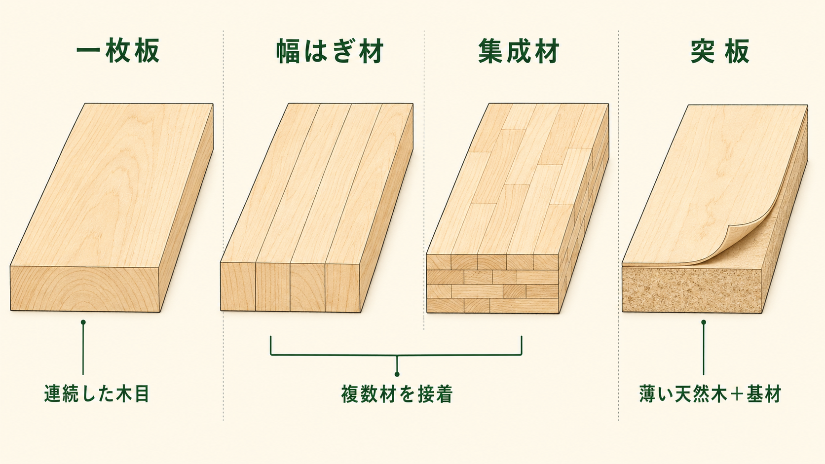 一枚板、幅はぎ材、集成材、突板の表面と内部構造を同じ視点で比較した図