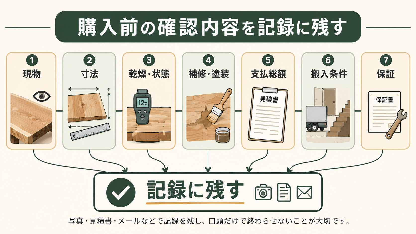クリ一枚板購入前に現物、寸法、状態、仕上げ、総額、搬入、保証を確認する要約チェックリスト
