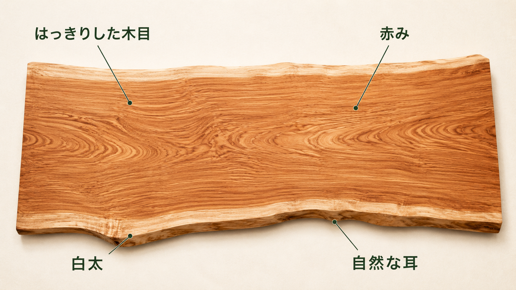 センダン一枚板のはっきりした木目、赤み、白太、自然な耳を示した注釈図