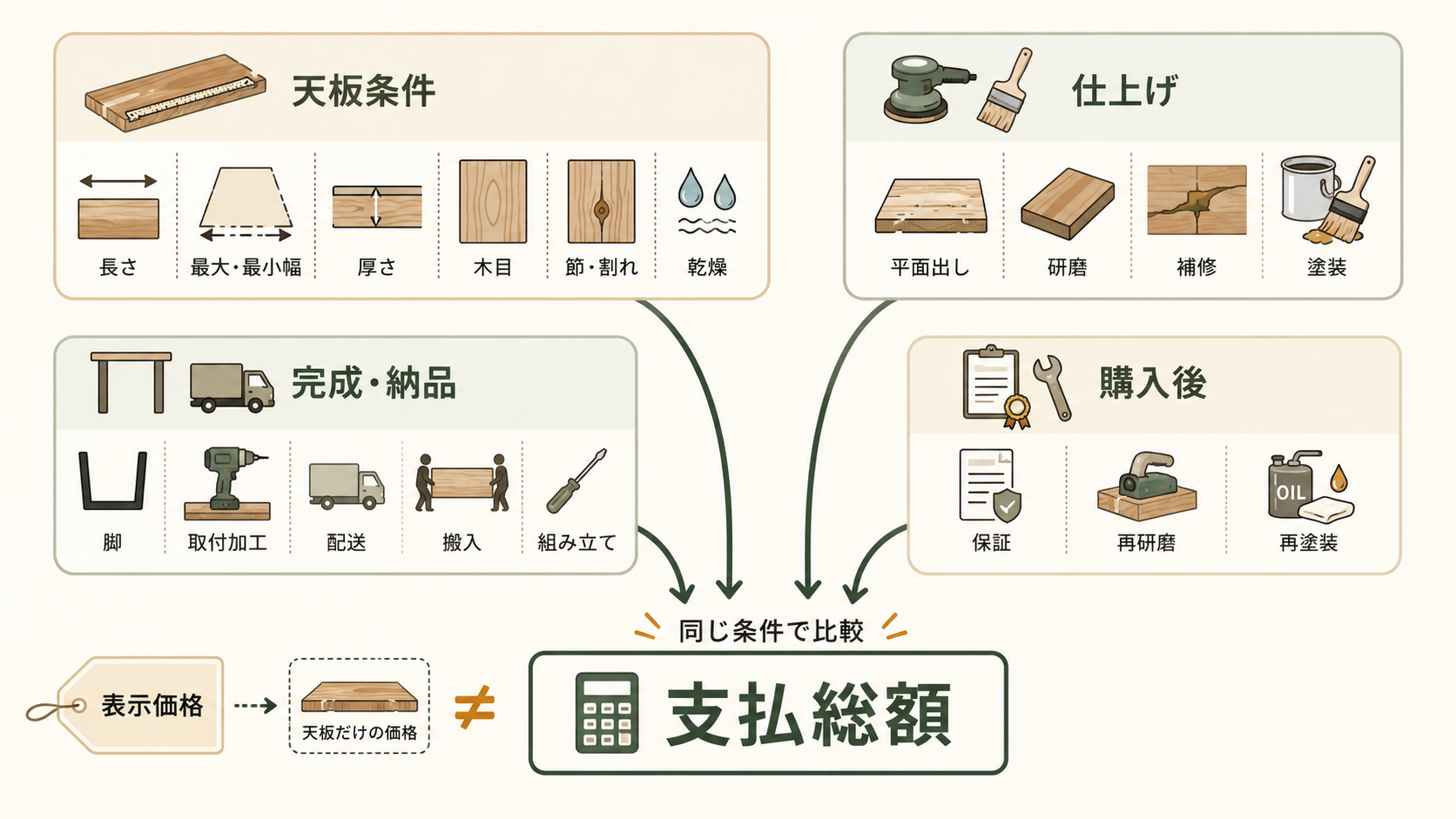 天板の条件、加工、脚、配送、保証がクリ一枚板の支払総額を構成することを示した図