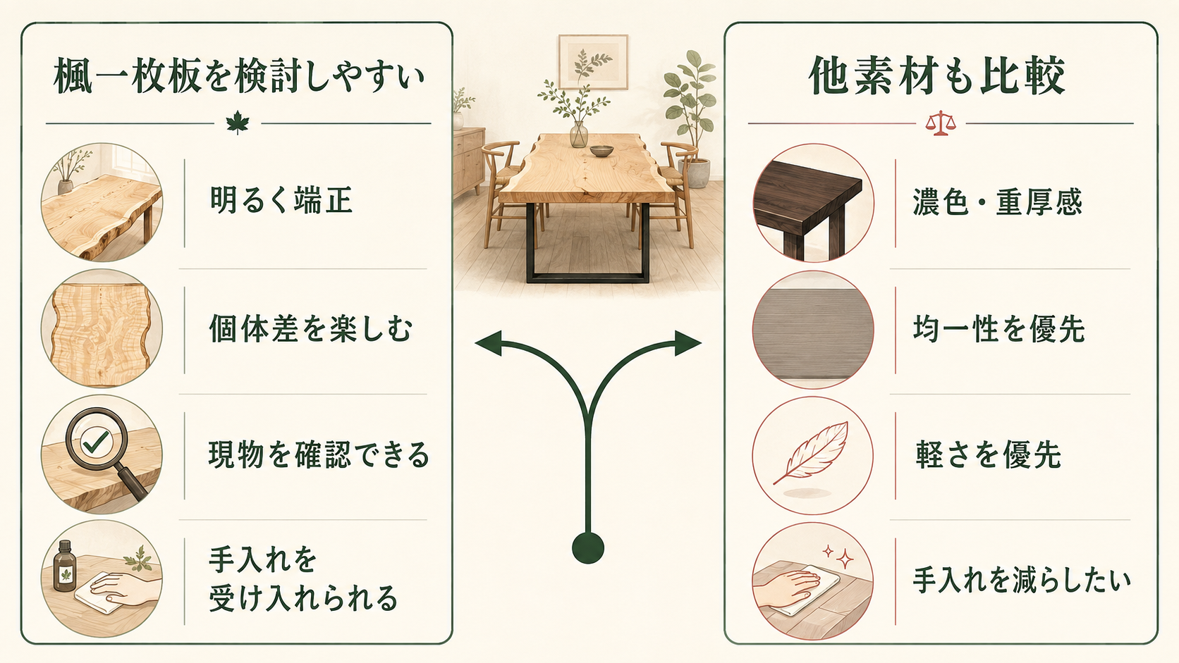 明るく端正な木肌や天然木の個体差を楽しめる人と、均一性や軽さを優先して他素材も比較したい人を対比した図