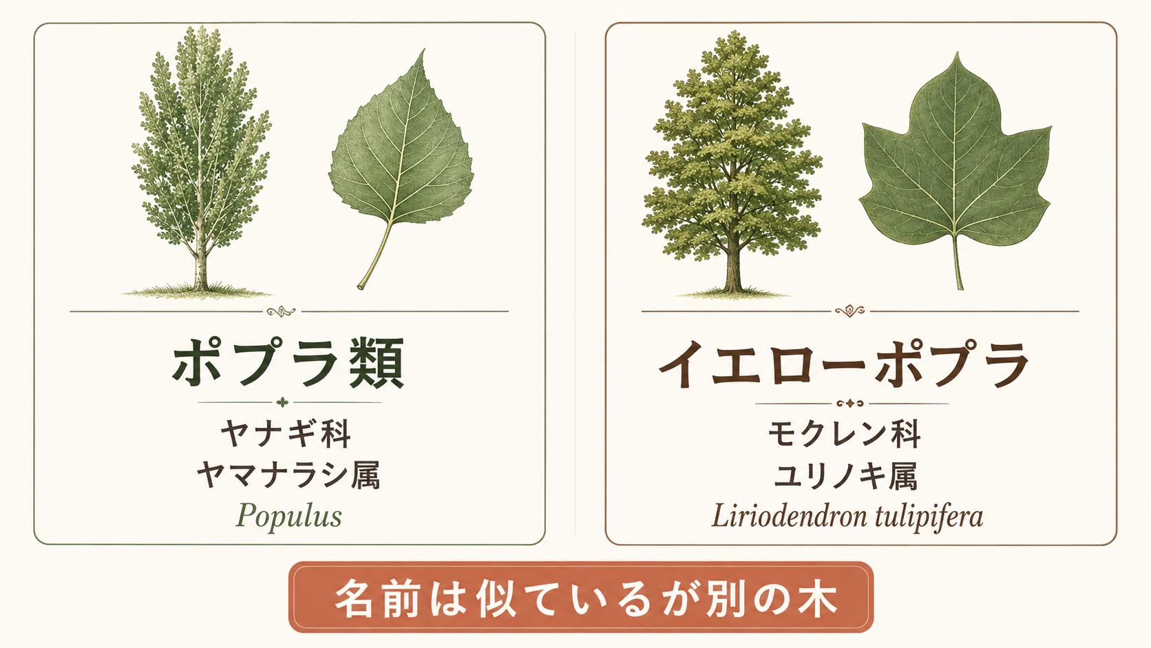 ポプラ類はヤナギ科ヤマナラシ属、イエローポプラはモクレン科ユリノキ属であることを左右に比較した図 poplar