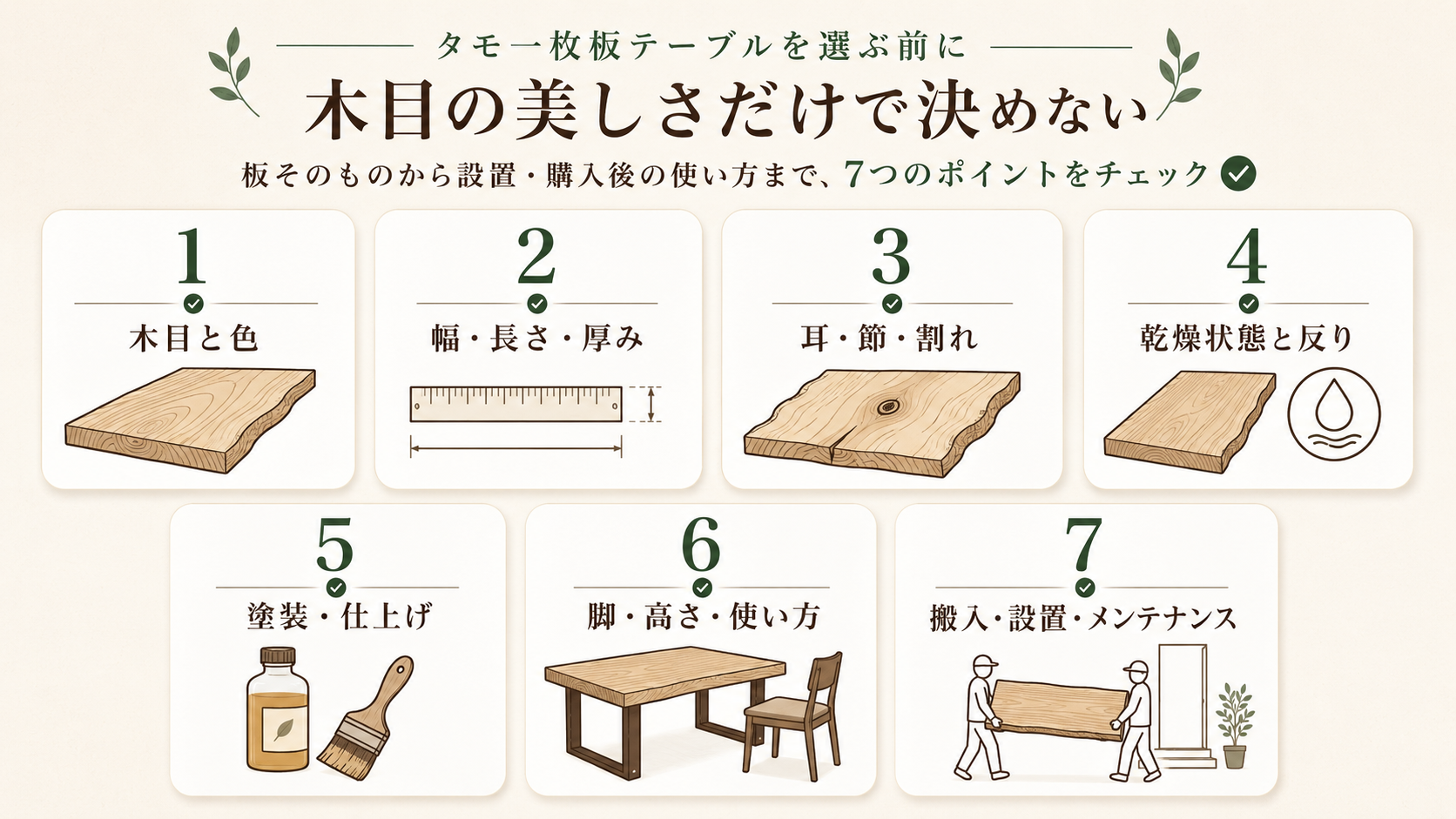 タモ一枚板を購入するときに確認したい木目、寸法、耳や割れ、乾燥、仕上げ、脚、搬入の7項目
