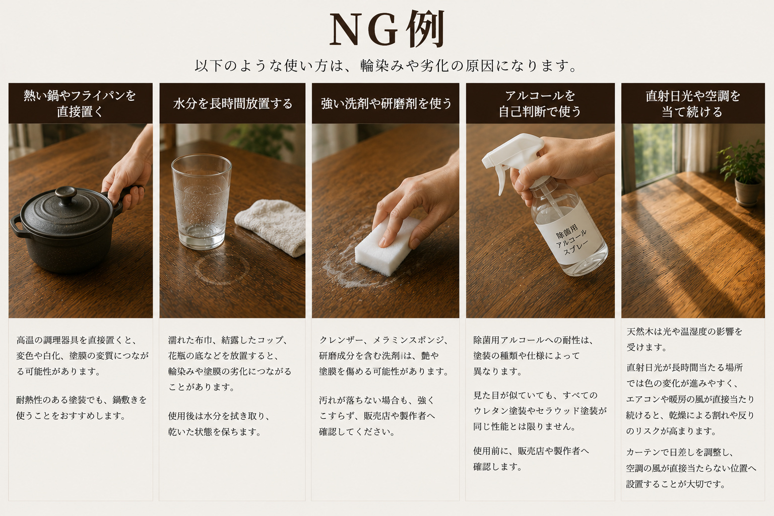 熱い鍋・水分・研磨剤・アルコール・直射日光など一枚板で避けたい使い方