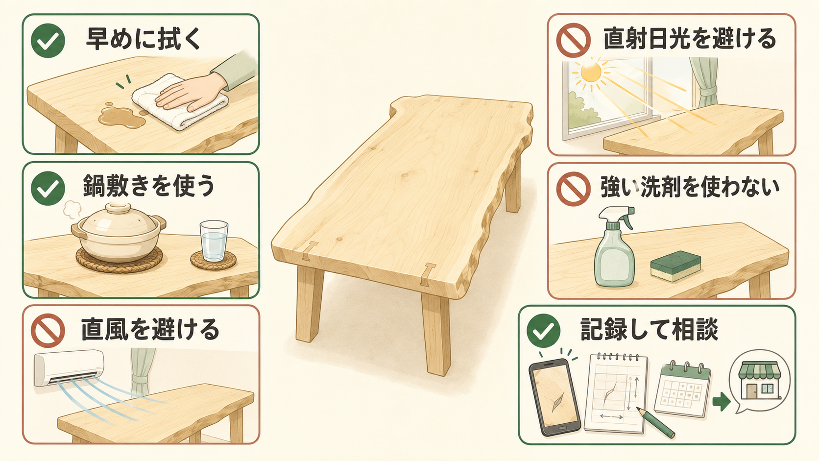 一枚板を傷めにくい日常のお手入れ方法