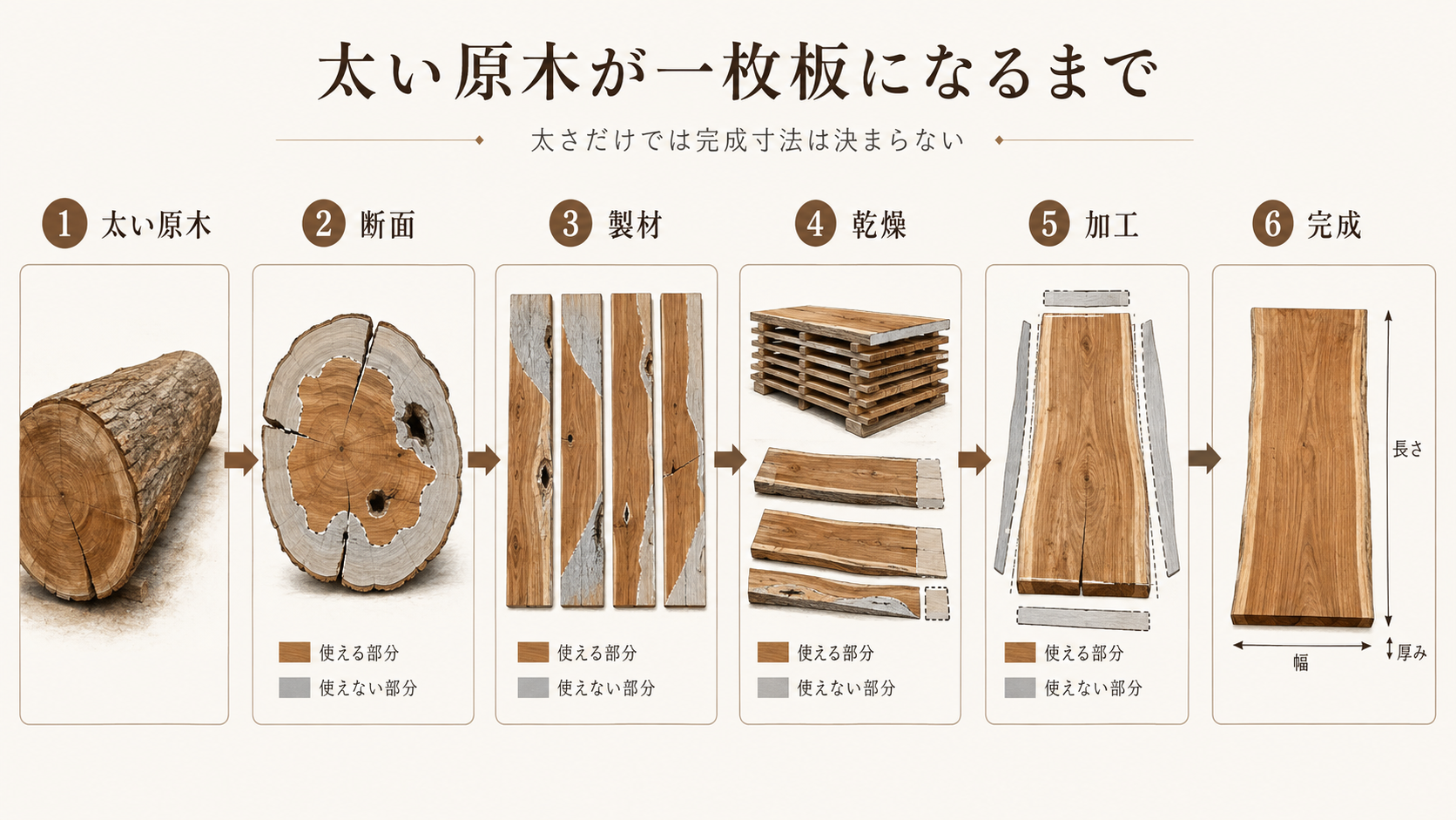 太いチーク原木を製材し、節や割れ、空洞、乾燥、加工を経て使用可能な一枚板が決まる工程図