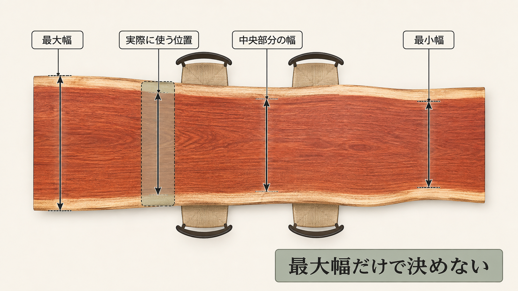くびれのある一枚板で最大幅、最小幅、中央部分の幅と実際に使う位置を示した寸法図