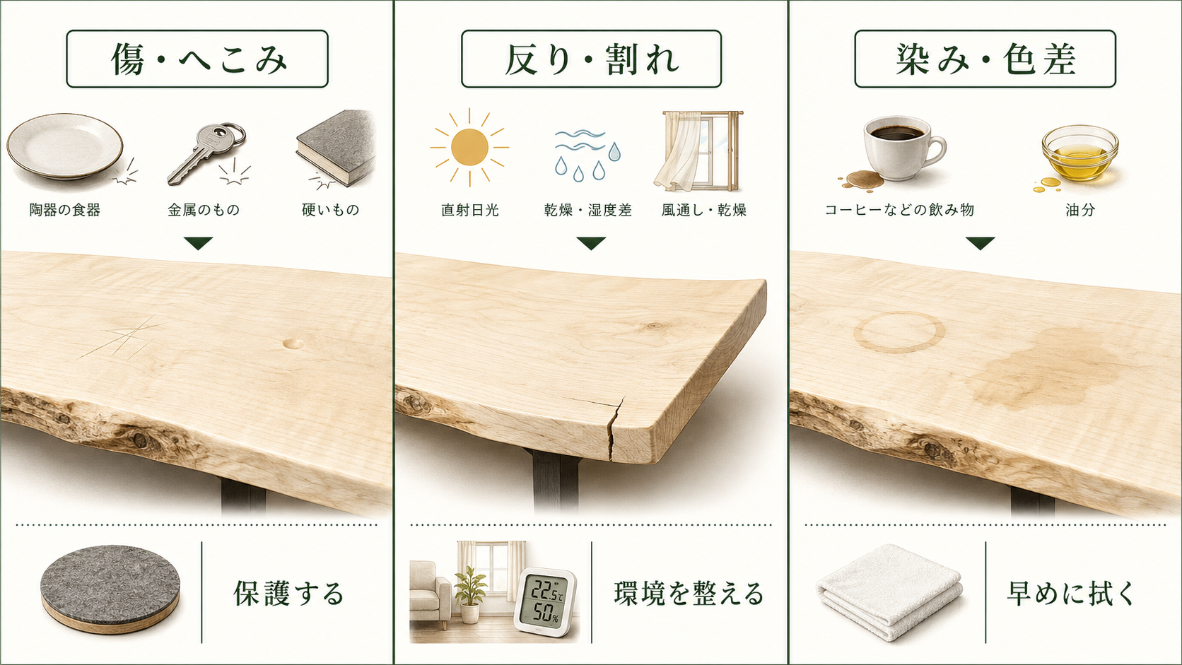 楓一枚板に生じる可能性がある傷やへこみ、反りや割れ、染みと、それぞれの主な原因を示した図